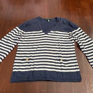 Women's Lauren Ralph Lauren V-Neck Striped Cotton Long Sleeve Sweater XL